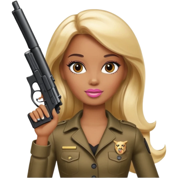 Brown skin blonde hair barbie with black gun emoji