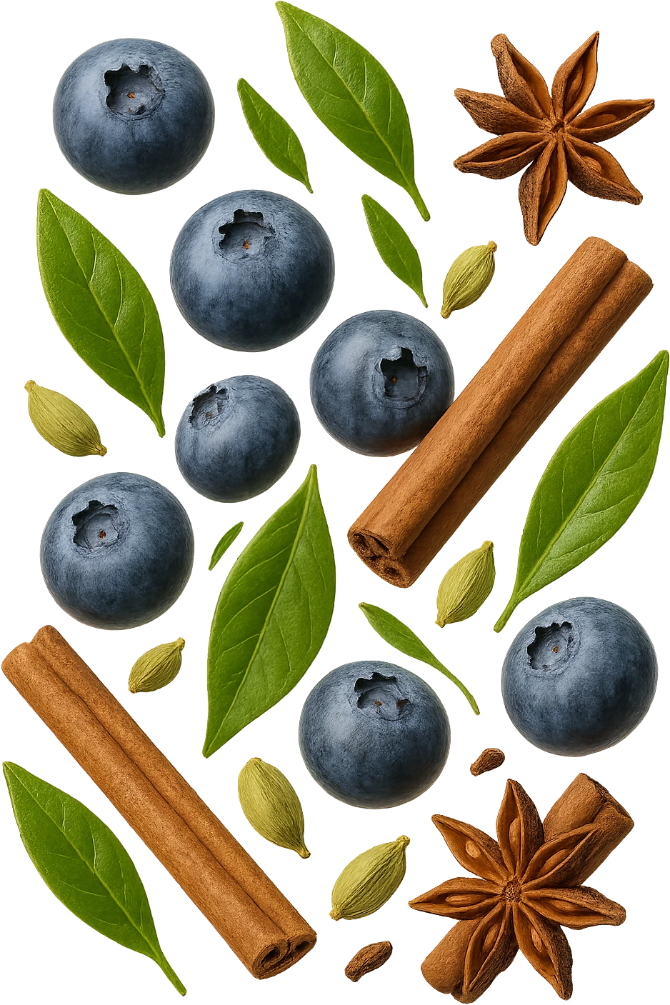 mirtilli, thè verde, spezie, fluttuano in aria, iperrealistico 4k emoji