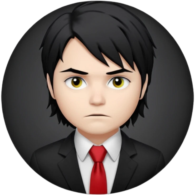 Gerard Way (Revenge Era)
Round, simplified emoji style
Pale skin tone
Jet-black, shoulder-length hair messy and emo
Heavy eyeliner and slight red shadow under the eyes
Subtle serious
Hint of red tie visible on black button up shirt.
Transparent background. Black eyeliner. Messy emo hair emoji