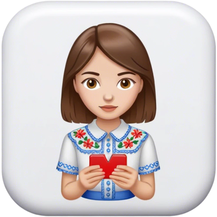 Ukrainian girl with brown hair in an embroidered shirt and a magnet emoji