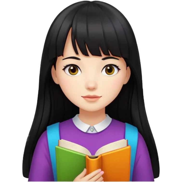 lecture girl with straight bangs fringe long black color hair with color book emoji