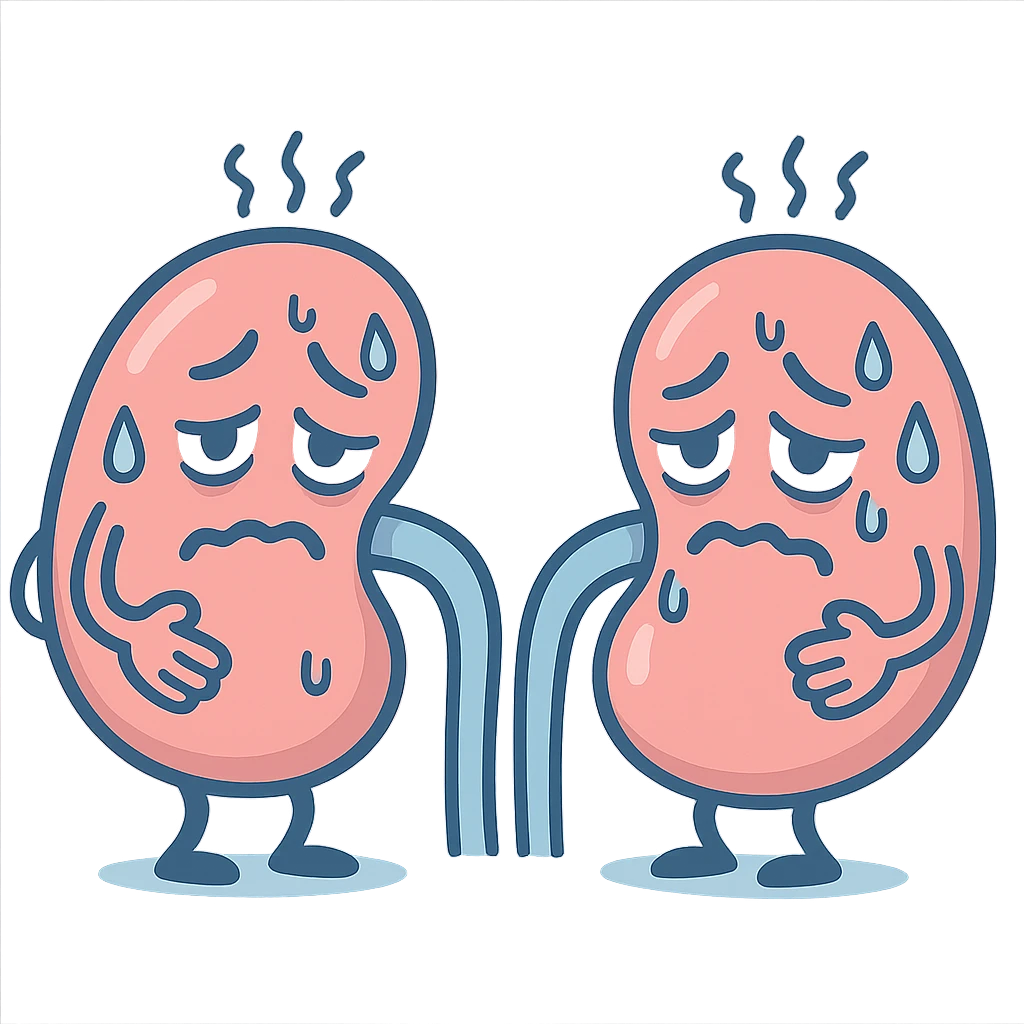 cartoon kidneys with stress lines and sweat, holding their sides, tired eyes, soft blue and pink tones, medical style emoji