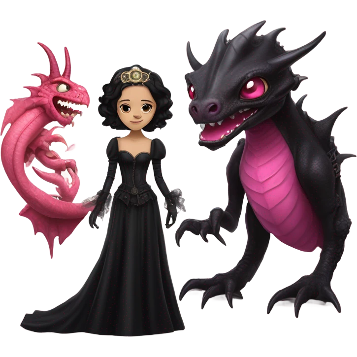 Lavish black evening gown with see-through gloves, Jenna Ortega as Addams woman wearing a steampunk mini tiara, very large blood pink evil-looking horned old dragon emoji