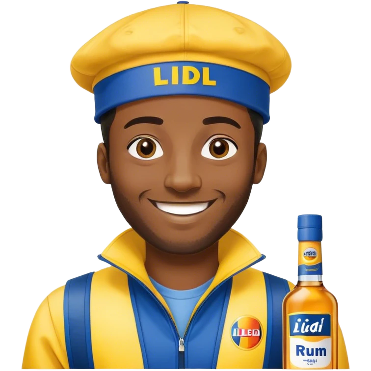 Black man smile. He has yellow and bleue cloth on him, with Lidl sloggan. He has a cap on his head, Lidl too. And he show us a bottle af rhum. emoji