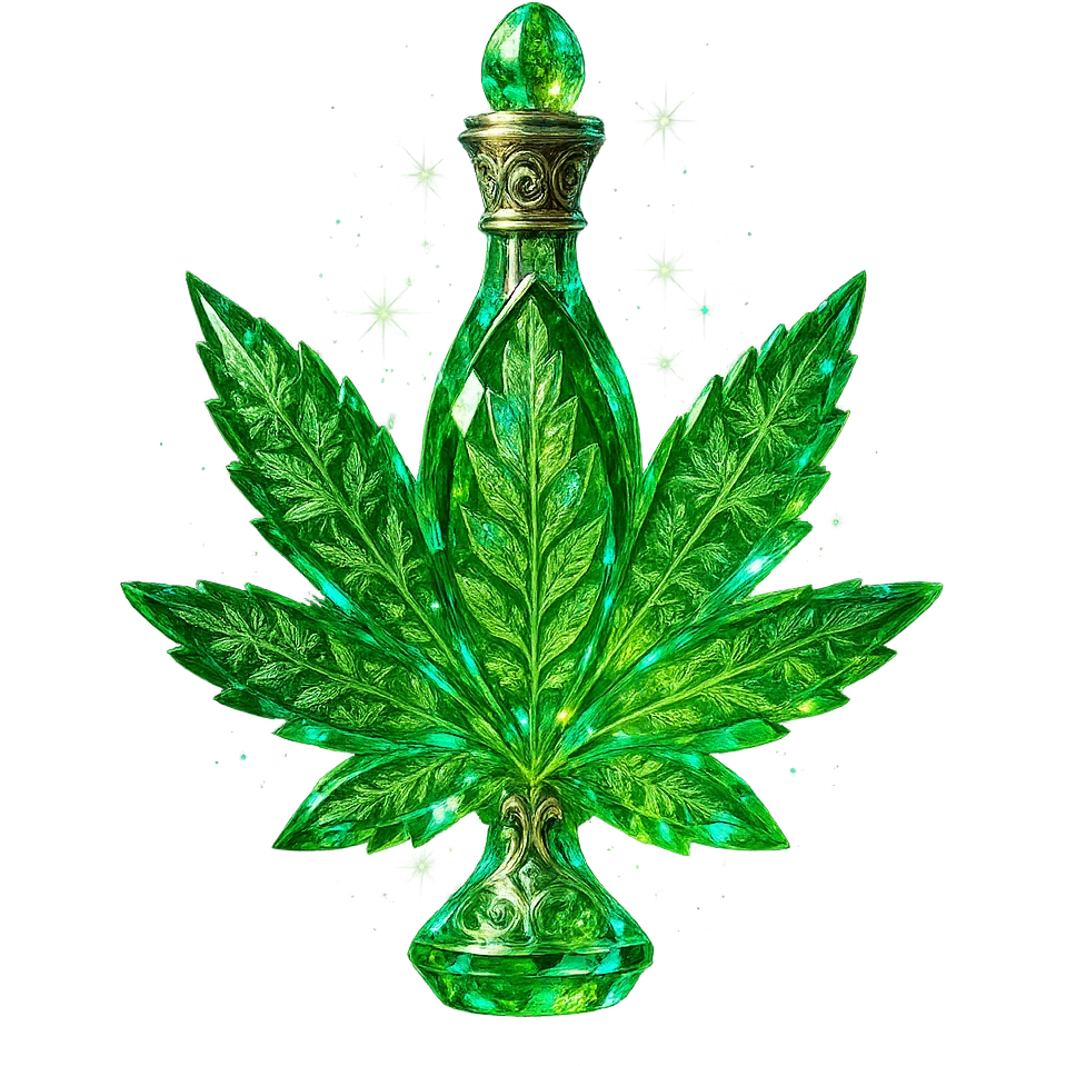 luxurious crystal elixir bottle in the shape of a cannabis leaf or with cannabis motifs, vibrant green color, ornate silver and iridescent details, maximum magical glowing and sparkling effects, very small neck, seamless bottom, transparent background, bottle clearly floating in air, no base or shadow, modern, collection style emoji