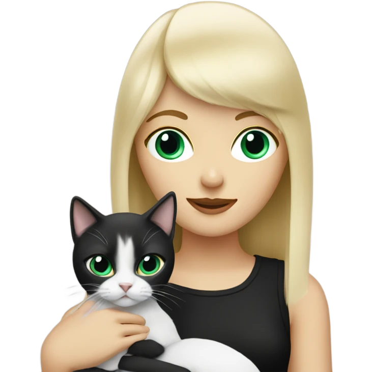 Blond lady with fringe holding a black and white cat emoji