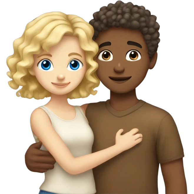 blonde blue eyed girl hugging mixed boy with curly brown hair emoji