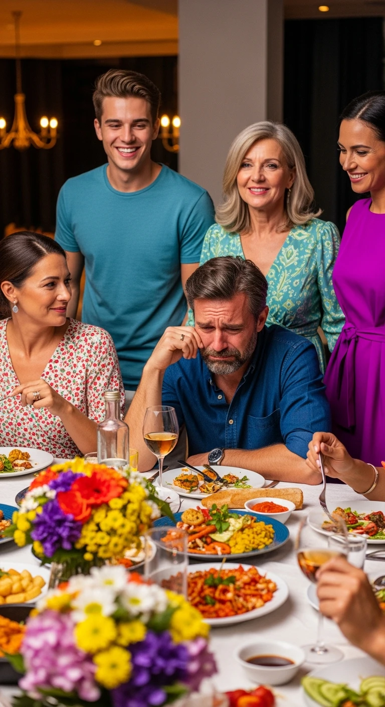 GRUPPO DI AMICI A TAVOLA FELICI MENTRE MANGIANO, MENTRE UNA PERSONA CHE è CON LORO NON SI STA DIVERTENDO, NON MANGIA E HA UN'ESPRESSIONE TRISTE, ESPRESSIONE DI DOLORE IN VOLTO, iperrealistico 4k emoji