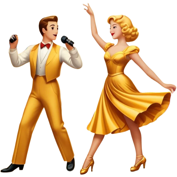 Vintage movie poster-style icon for a musical film. The cityscape glows in the background, evoking the golden era of musicals. A vibrant street scene with bright lights, dancers mid-step, a singer with a microphone. Transparent background. emoji