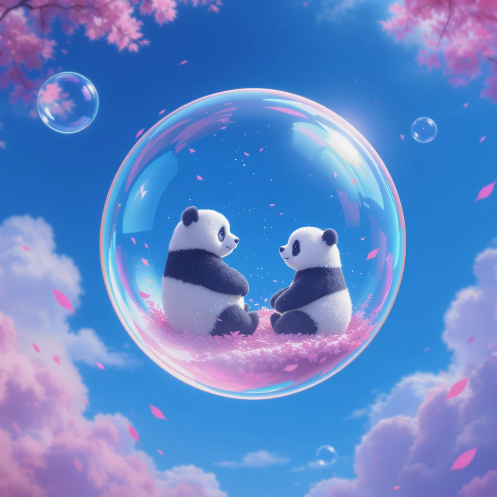 Minimalistic Cinematic still of pandas bears sitting inside flying bubbles, blue sky filling background , pink clouds, pink leafs falling around, disney style emoji