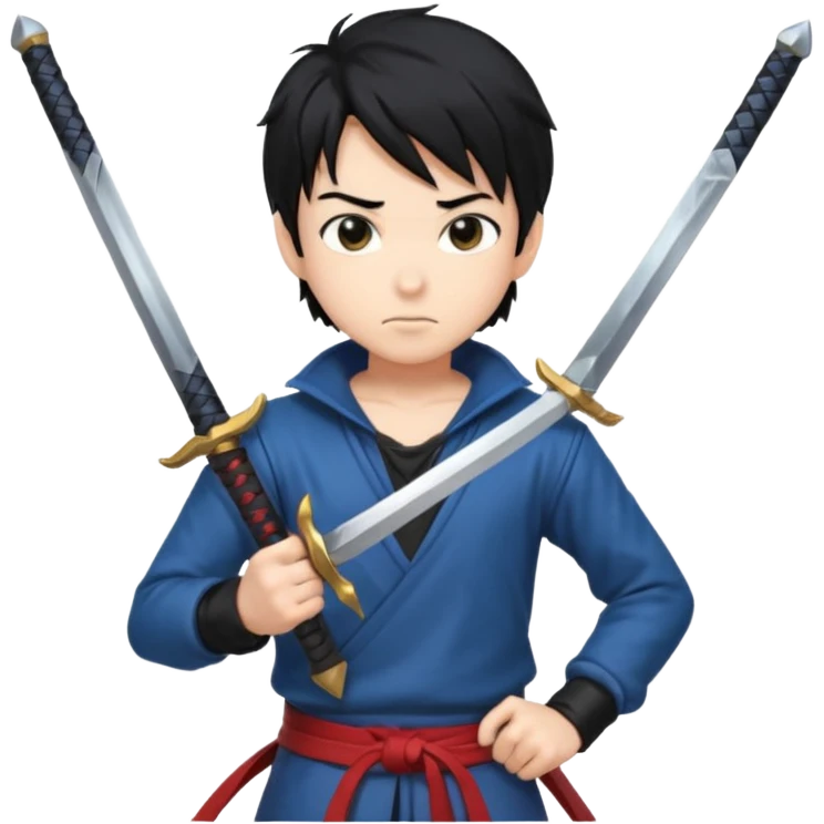 Create me an anime character boy emoji looking very cool with swords on his hand emoji
