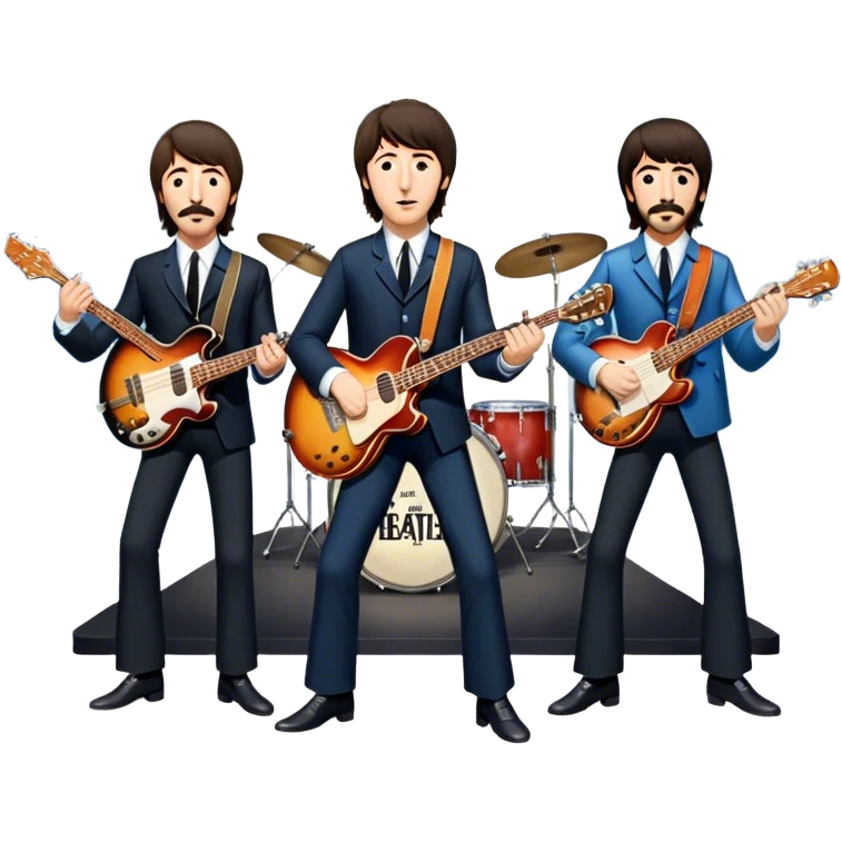 Rock music icon: The Beatles performing live on stage. John Lennon with guitar, Paul McCartney with bass, George Harrison with guitar, Ringo Starr on drums. Bright lights, energetic performance. Transparent background. emoji