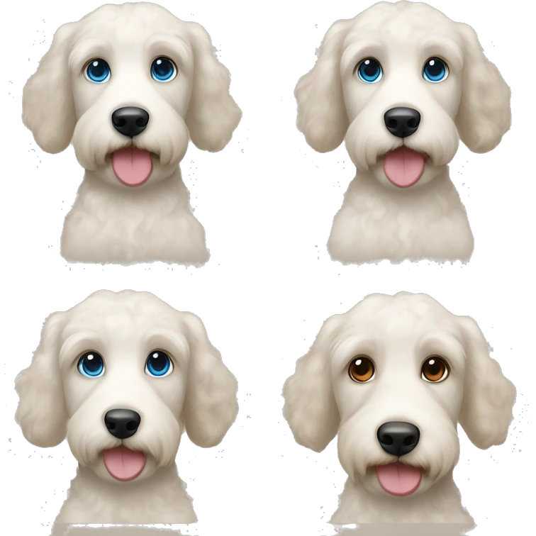 White Labradoodle with dark brown ears and girl with wavy brown hair , blue eyes and light skin emoji