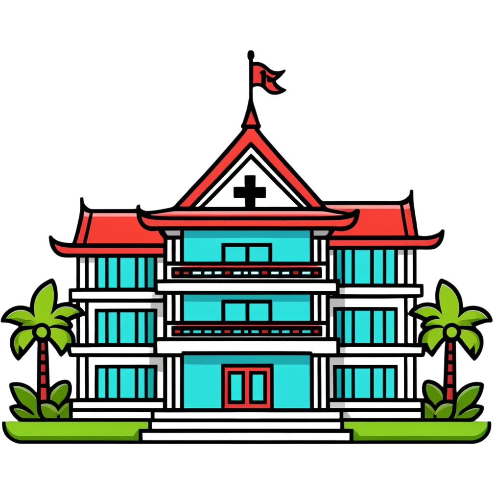 Modern Thai hospital building with traditional Thai roof elements, medical cross symbol, palm trees emoji