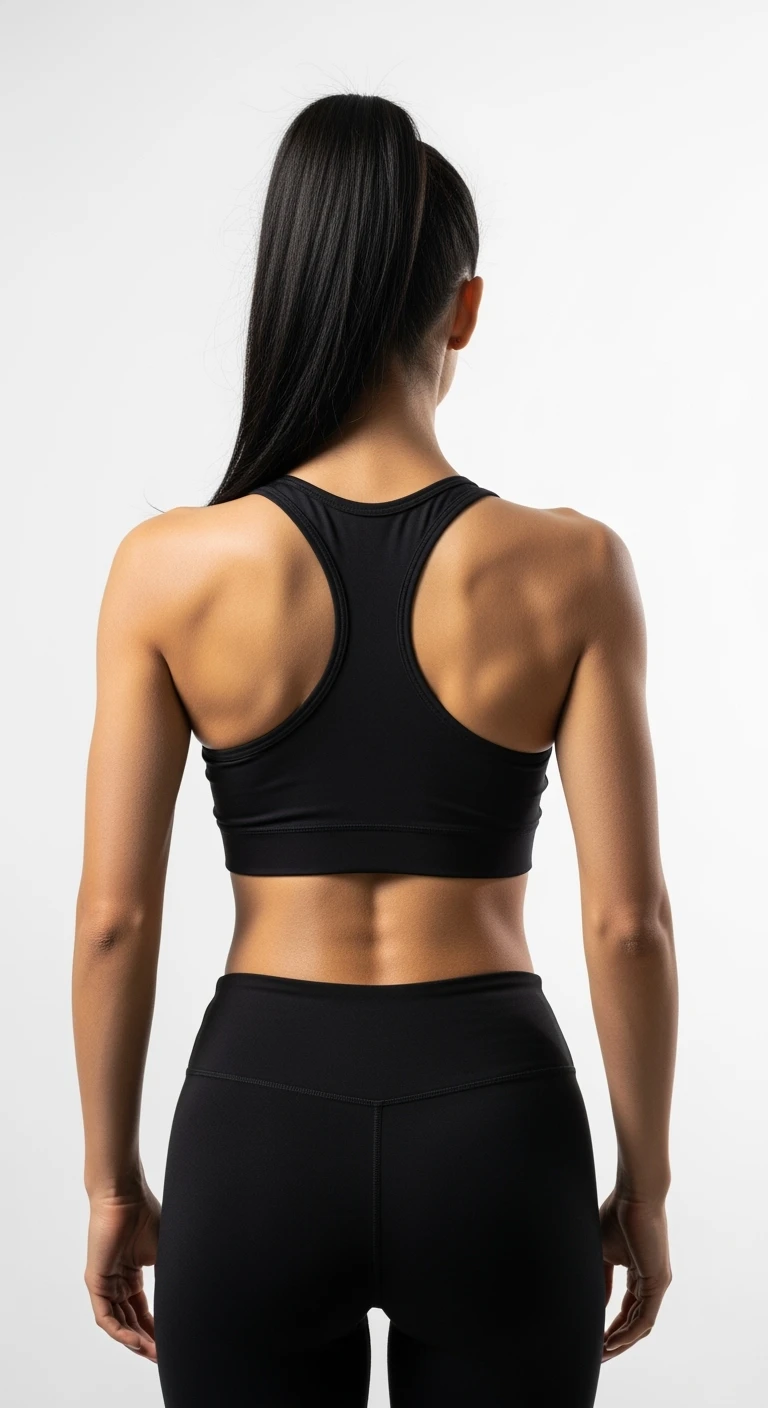 donna fitness di spalle con spina dorsale in evidenza, sfondo bianco emoji