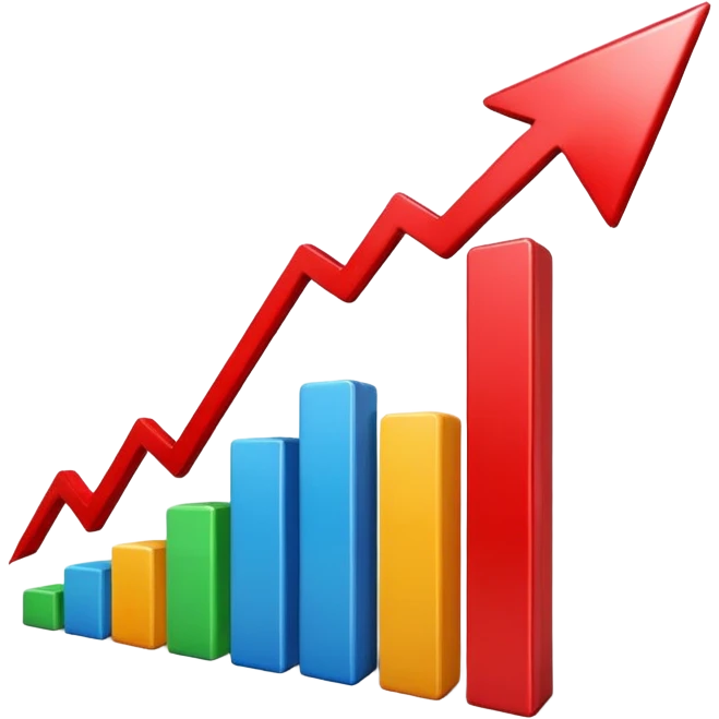iOS-style 3D emoji: rising red chart with an upward-pointing arrow emoji