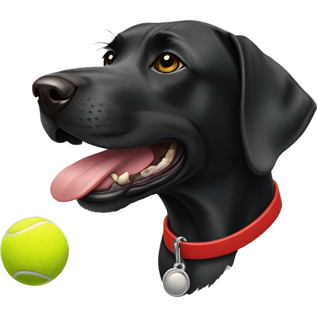 A black Labrador x pointer dog with a red collar on, and a tennis ball in its mouth emoji