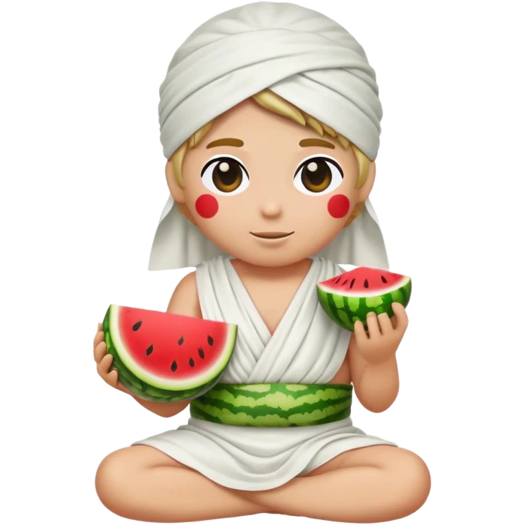Emoji sitting cris cross wearing a white toga, blindfolded and a watermelon for a hat.  emoji