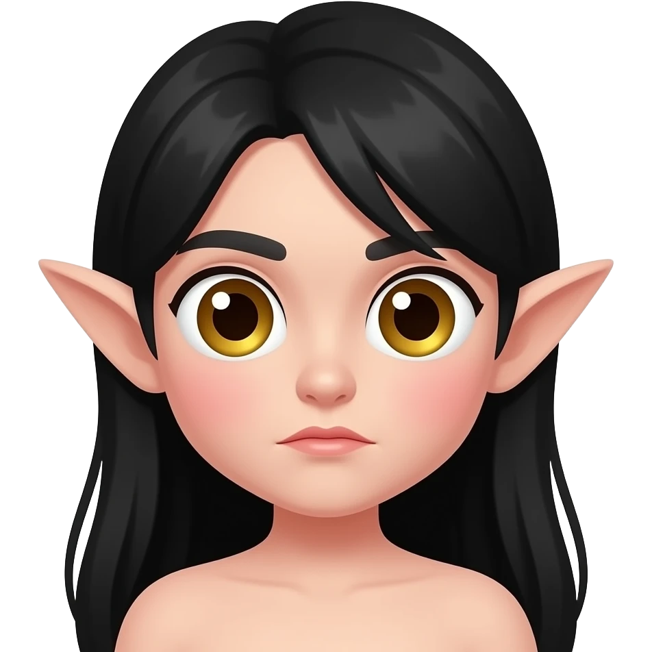 높은색상. 카툰 입체 이모티콘. 노란 동공 갈색렌즈. 살색 날카로운 귀. 무표정. 큰 눈. 새하얀 피부. 붉은 홍조. 검정 긴생머리. emoji