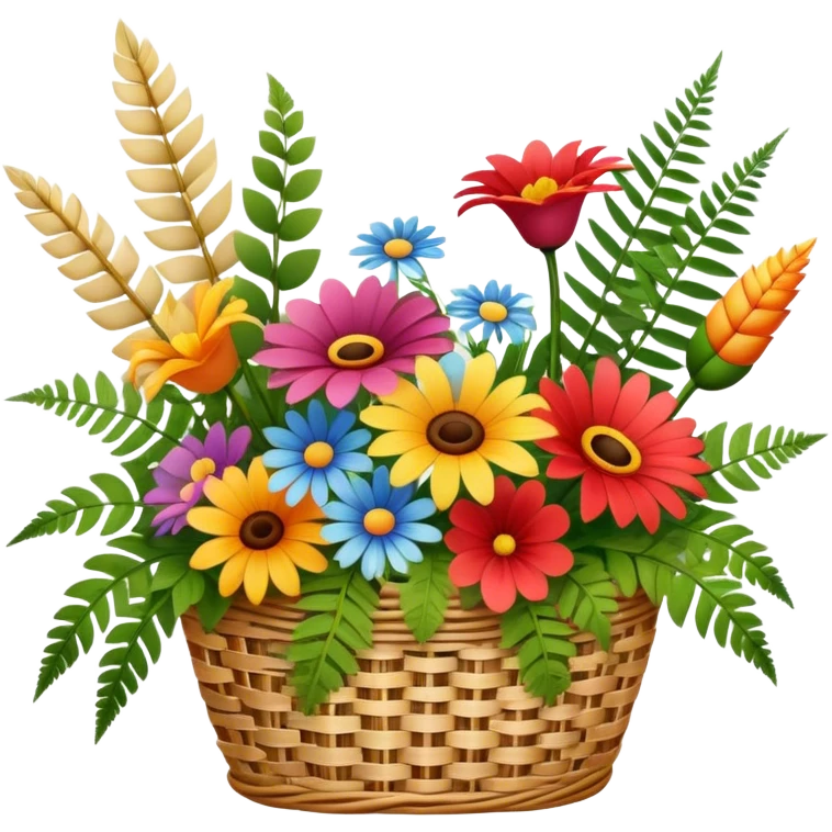 Icon for Floristry: a bouquet of flowers in a woven basket, with reeds, ferns, and floral arranging tools like scissors and a flower stem. The icon should represent creativity in flower design and arranging. Transparent background. emoji