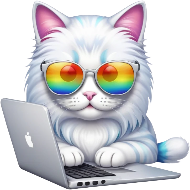 Cat with silver lenses sunglasses working on computer in rainbow  emoji