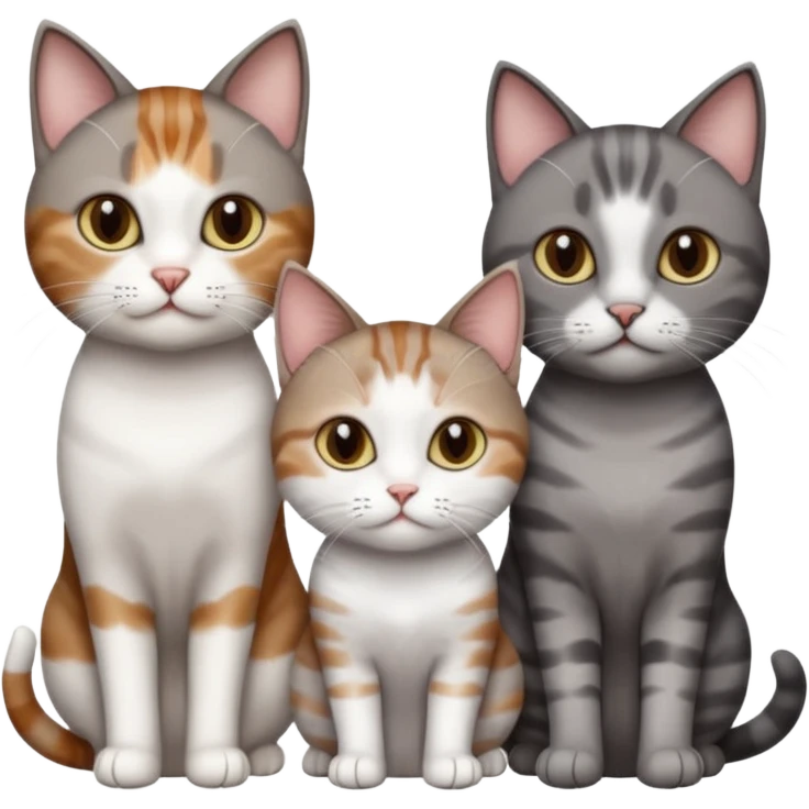 3 different coloured short haired cats including; a dark brown tabby and white cat, and a dark grey and white  emoji