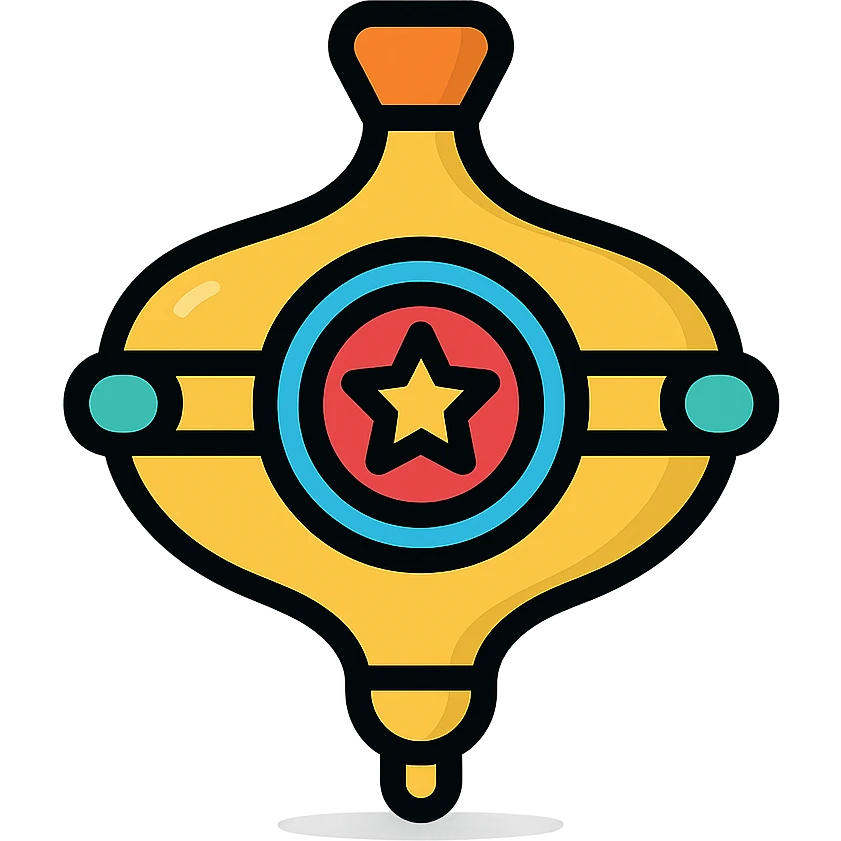 vector icon of a gold spinning top with colorful elements, elegant and minimalist flat design, award badge style, 2D flat vector, trending icon look, soft shadows, no text, isolated on white background, commercial use emoji