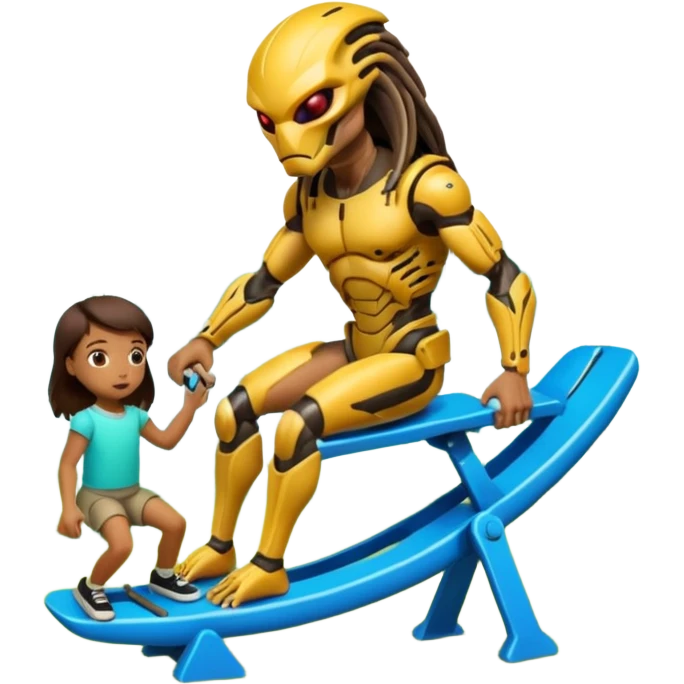 The Predator, in a dream like park, pushing unwilling the alien in a seesaw. emoji