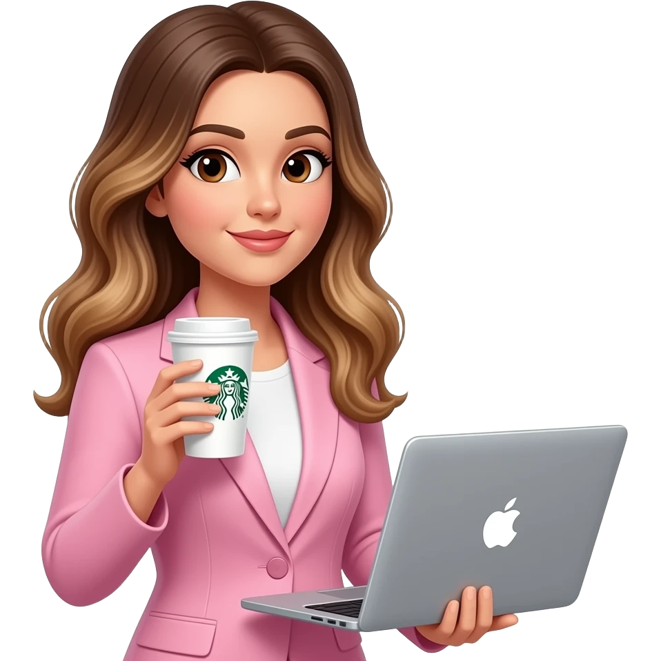Woman drinking Starbucks coffee in Apple computer, balayage hair,  long hair. Brown eyes , round face, pink outfit office emoji