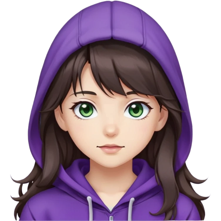 Kissy face, blushing, white pretty anime lady with dark-brown long wavy hair and long bangs, hazel-green eyes, wearing a purple hoodie emoji