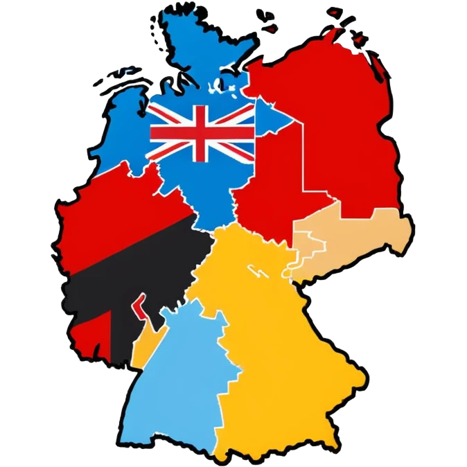 Germania divisa con mandiera in US sud-ovest, UK nord-ovest (Amburgo, Colonia), URSS est (Berlino Est, Dresda), France sud-ovest (Stoccarda, Friburgo) emoji