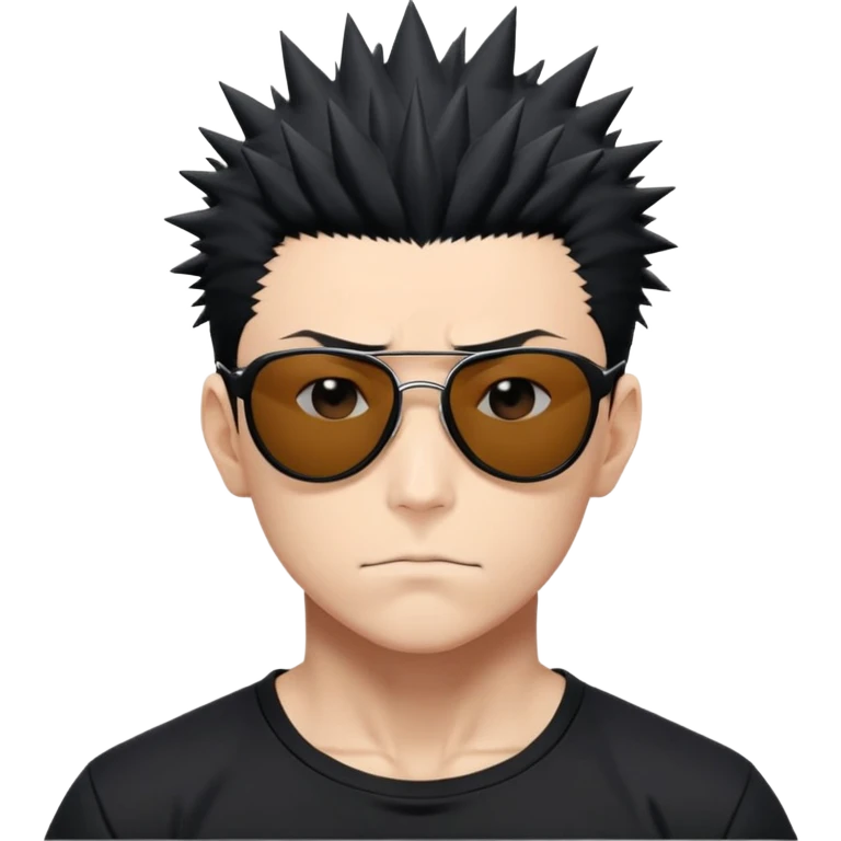 Satoru Gojo from Jujutsu Kaisen with spiky black hair, wearing form-fitting black t-shirt showing muscular build, confident expression, sunglasses on top of head emoji