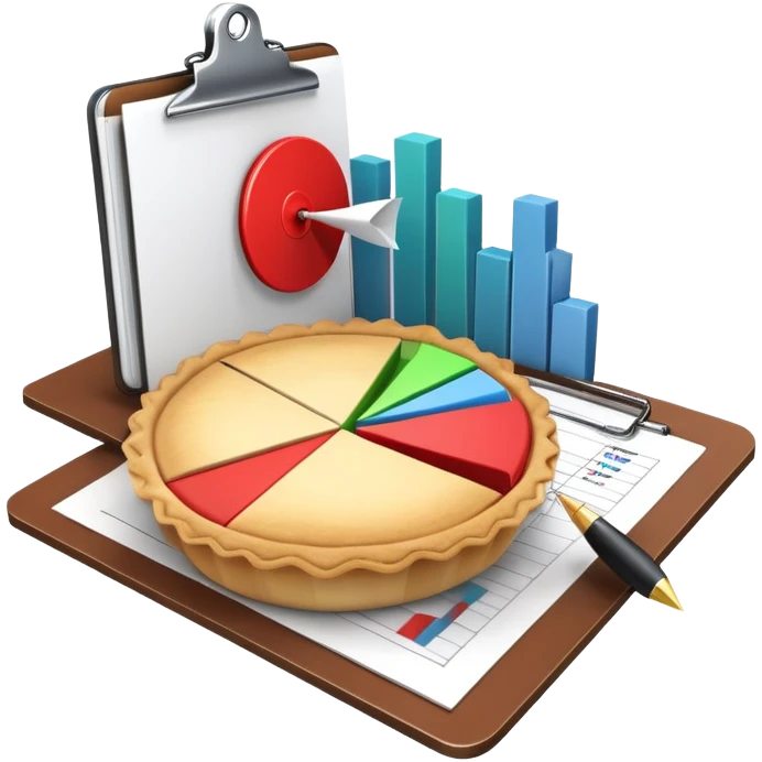 An icon featuring a pie chart, a clipboard with a checklist, and a megaphone, symbolizing management and marketing. The design includes upward-trending graphs and a target with an arrow, representing strategy and success. Transparent background highlights business organization and promotion. emoji