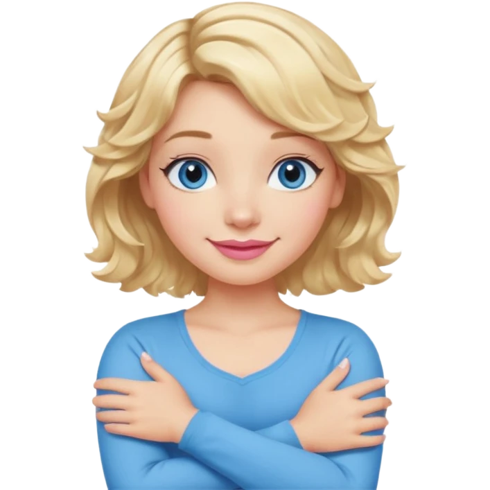 Girl Blonde short wavy hair,  blue eyes, cute blue top, long lashes, pink lips, smiling, making cross arms X with arms  emoji