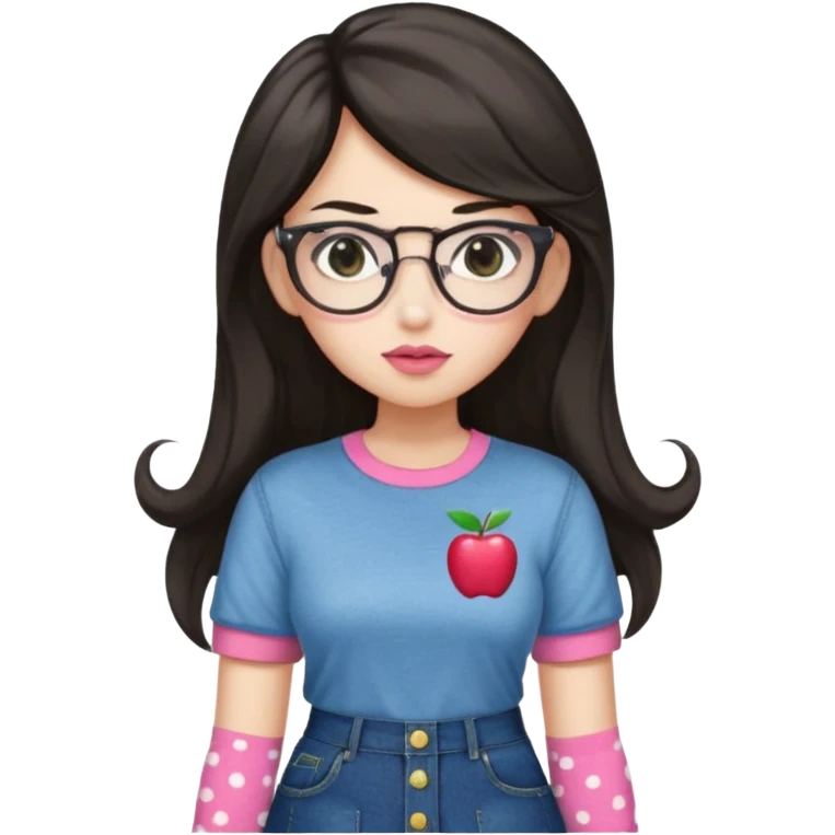 Light skin but a little white , monolid eyes,  dark brown long (not too long but not too short) hair, a button nose, fuller lips, blush (Light) PiNk liptint not too pink, wearing  bayonetta glasses (red) a apple T-shirt, dotted socks, a denim skirt emoji