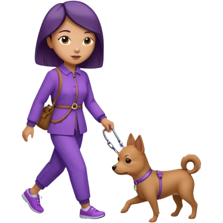 Chinese woman wearing purple outfit walking 1 small brown dog emoji
