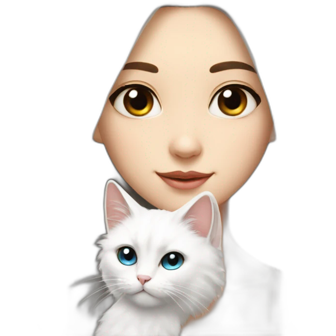 A girl with long dark hair and on her left shoulder and neck lies a white fluffy cat with different eyes emoji