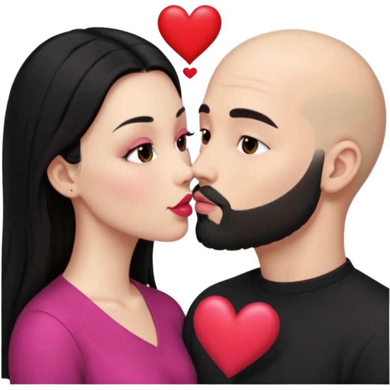 👩🏻‍❤️‍💋‍👨🏻 this one but the man should be bald. white woman with long black hair and white bald young man whoitiut hair and a heart between their heads. she has pink lips and both have brown eyes. he has e full beard but short. both wear black. they kiss slowly emoji