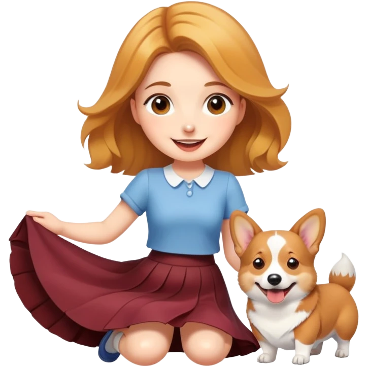 A beautiful girl with fair skin wearing a skirt and happily playing with corgi emoji
