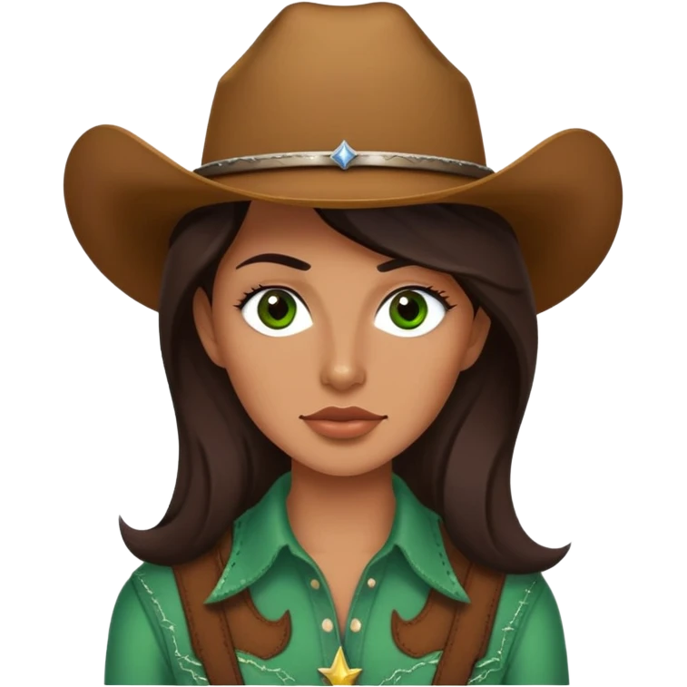 Me with long dark brown hair green eyes and thin top lip and big bottom lip and a mole on my left side of my chin very thin eyebrows with a scar on the right eyebrow and a cow girl emoji
