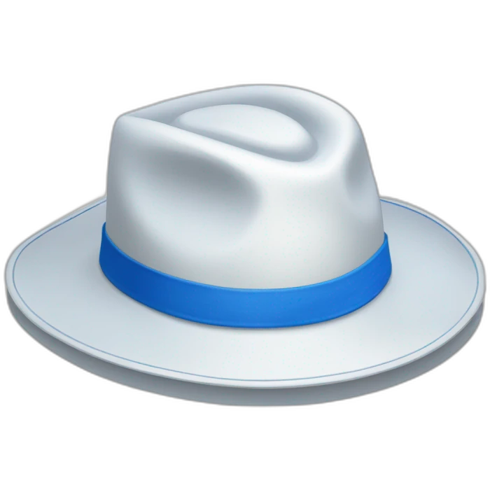 White wide brim hat with blue band and silver pin emoji