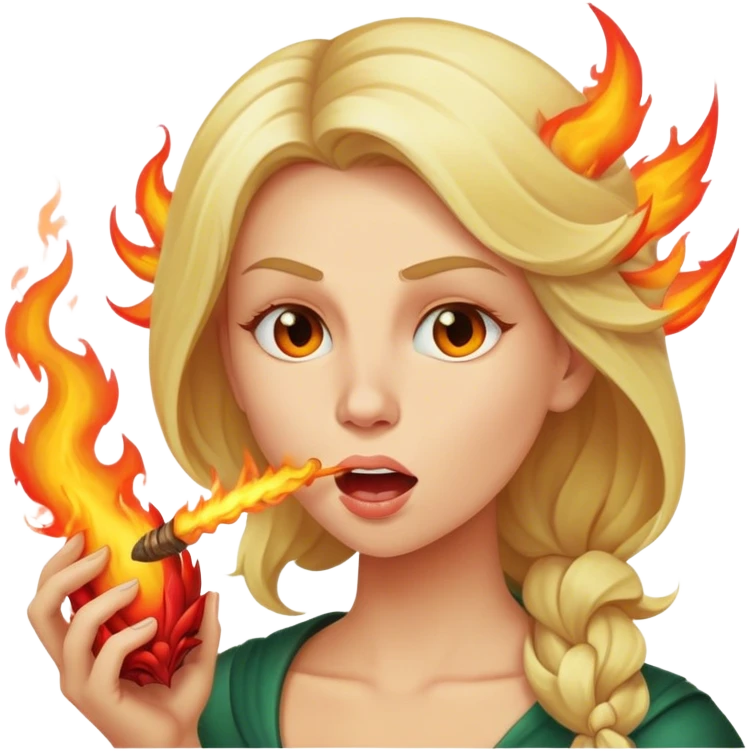 Blond woman exhaling fire from mouth like a dragon emoji