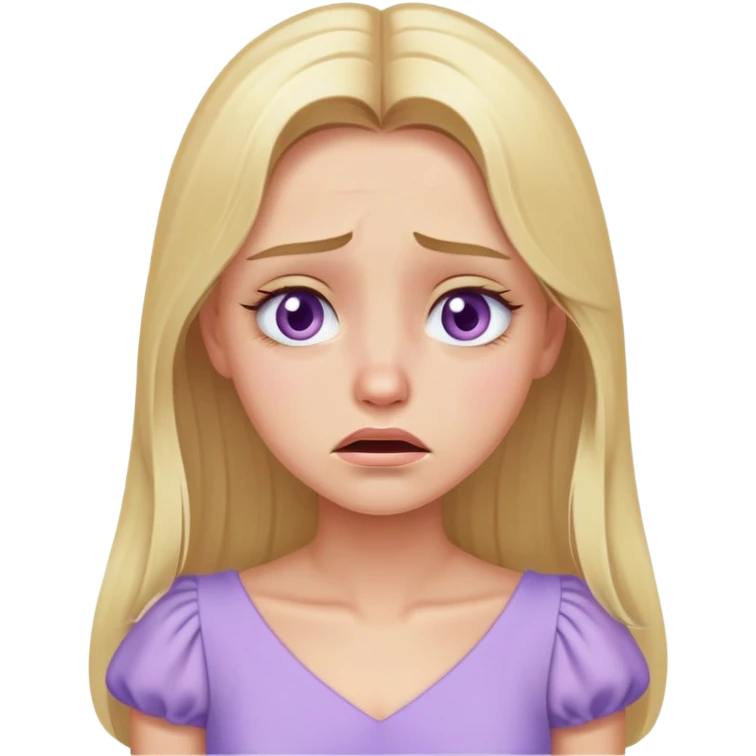 crying face blonde model, hazel eyes, sleek long hair, pastel purple dress emoji