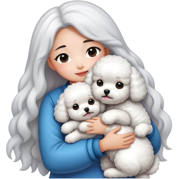 Long hair Asian girl hugging bichon emoji
