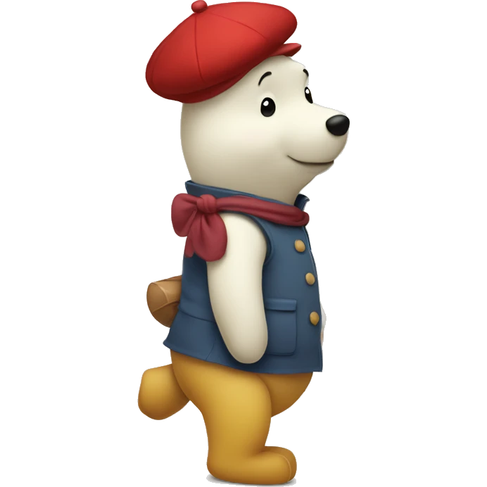 white winnie the pooh, parisien style with red beret on hair and baguette on arms emoji