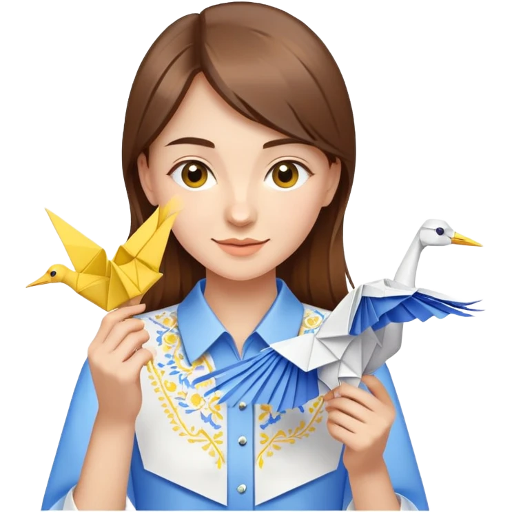A happy Ukrainian young girl with brown hair in a white embroidered shirt makes an origami of a yellow and blue crane emoji