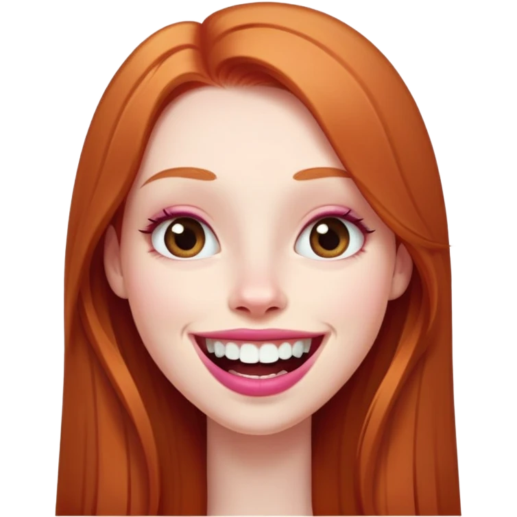 Young girl with pale skin, very long face, full pink lips smiling with big teeth, very long straight auburn hair (lighter ginger, not intense red), big brown eyes, big nose, big mouth emoji
