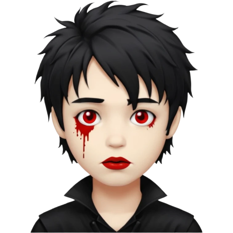 Goth boy with shaggy hair, and messy, smudged, red, lipstick  emoji