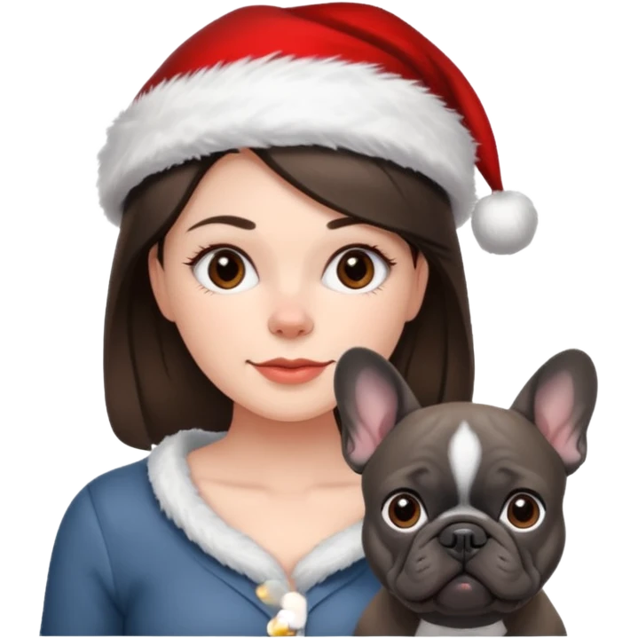 brunette woman with a dark grey French bulldog both wearing Santa emoji