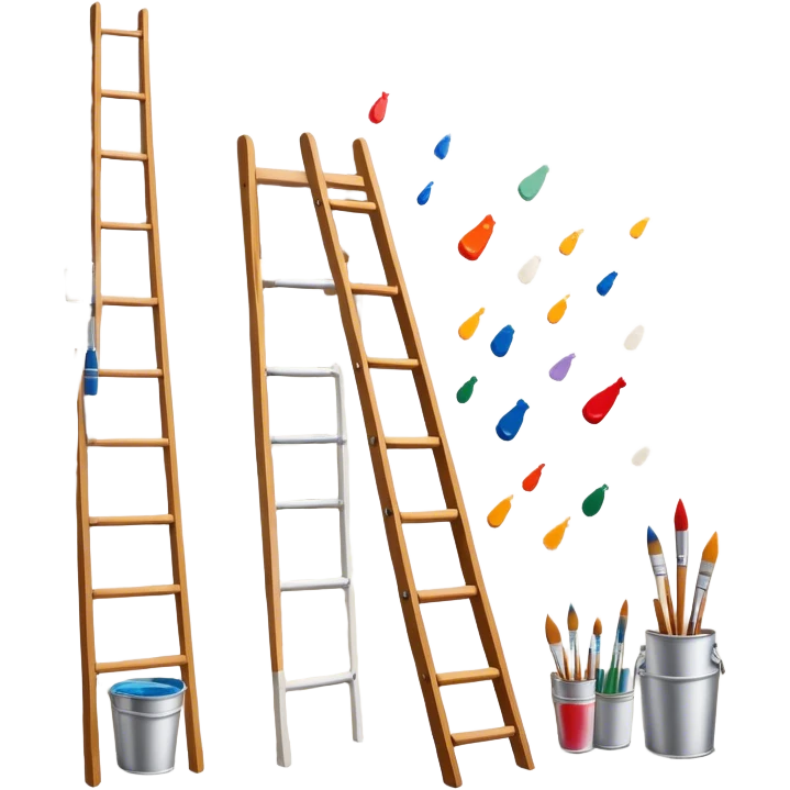 Wall painting icon, hand-painted mural on a wall, visible paintbrushes, paint pots, and ladder, intricate patterns or designs in progress, minimalistic style, clean lines, transparent background. emoji